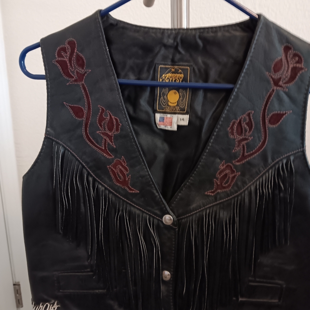 Black Leather Vest with Fringe and Rose Embroidery